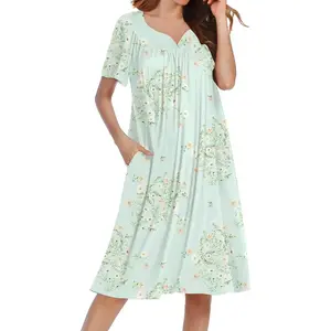 Nightgowns for Women 2025 Short Sleeve House Dress with Pockets Soft Moomoo Pleated Mumu Dresses V Neck Sleepwear