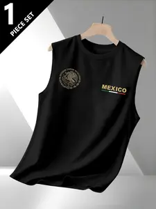 Men's Casual Letter & Mexican Emblem Print Round Neck Vest, Comfortable Daily Wear, Fashion Men's Pattern T-Shirt, Perfect Layering Choice
