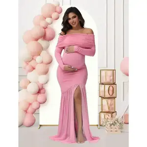 Maternity long sleeve off shoulder dress solid color mesh panelled split hem gown for baby shower photosparty party