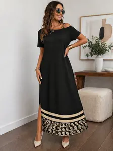 Elengatine Women Plus Size Maxi Dress, Casual Off Shoulder Short Sleeve Long Dress with Pockets, Loose Fit Flowy Summer Dress, Soft Comfortable Everyday Outfit for Curvy Ladies, Beach Vacation, Daily Wear, Street Style & Travel,summervibes
