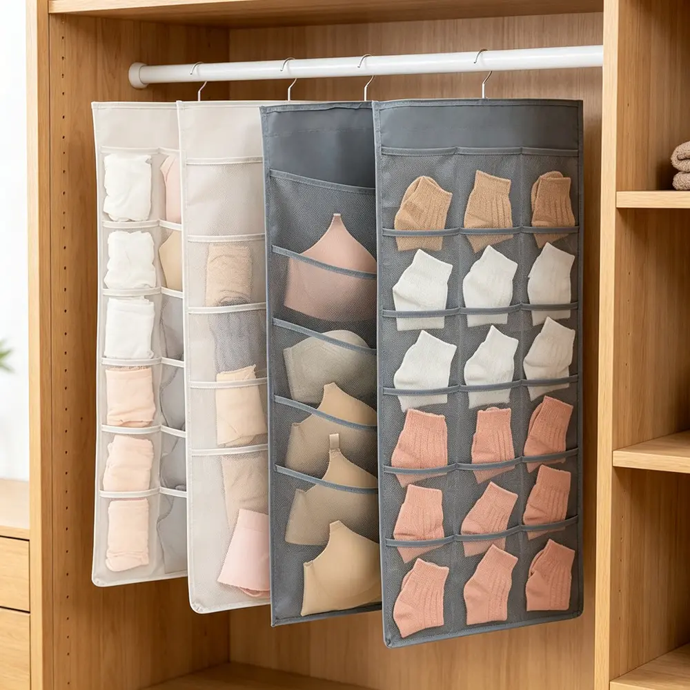 30-Pocket Hanging Closet Garment Organizer Hanger - Dual-Sided Premium Oxford Fabric Eco-Friendly Storage, Sturdy Metal Hanger for Bras, Accessories, Closet Rod (Prevents No Wrinkles) Home Organizer Supply