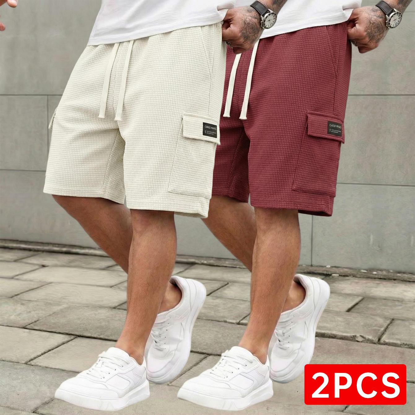 3-pack men’s waffle fabric casual cargo shorts with drawstring waist, available in multiple colors, suitable for summer streetwear outfits