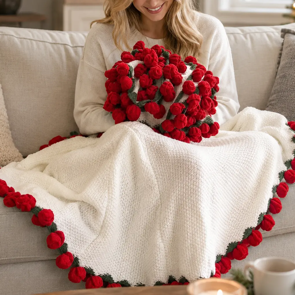 43in Round Breathable 3D Rose Flower Convertible Bouquet Blanket - Handmade Durable Fade-Resistant Polyester Crochet Snuggle Throw, Fine Stitching, Soft Warm All-Season Adult Home Decor, Machine-Washable Female Birthday/Mother's Day/Anniversary Gift, All