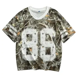 Men’s Oversized Camouflage Football Jersey T-Shirt – Y2K Mesh V-Neck Graphic Number Tee, Vintage Athletic Streetwear Summer Top