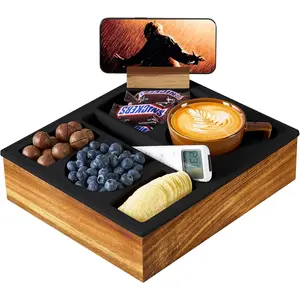 Couch Cup Holder Tray, Silicone Acacia Wooden Couch Caddy with Cup Holder for Bed Car Beach, Drink Holder for Couch with Upgrade Removable 360°   Rotating Holder Black