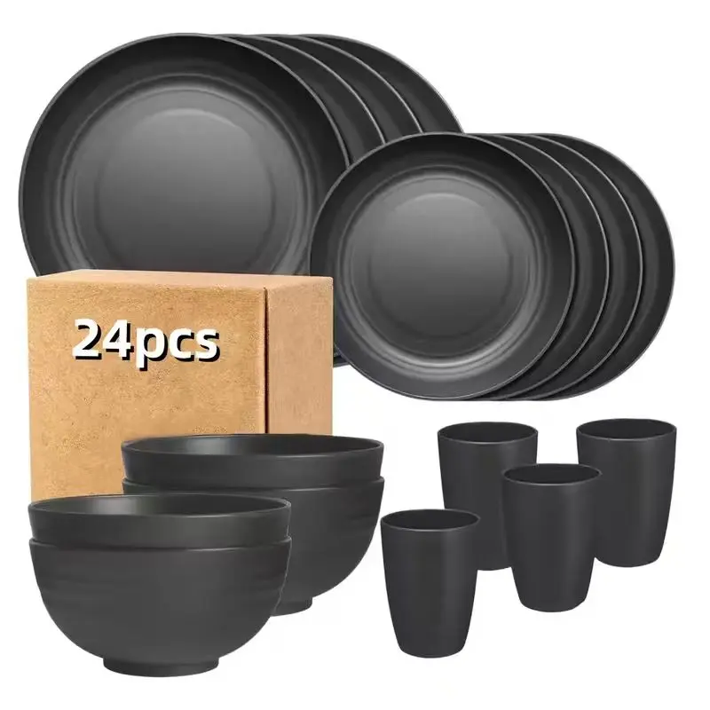 Matte Black Dinnerware Set 24pcs, Modern Minimalist Dish Set with Plates Bowls Cups, Elegant Kitchen Tableware Set for Family Dining