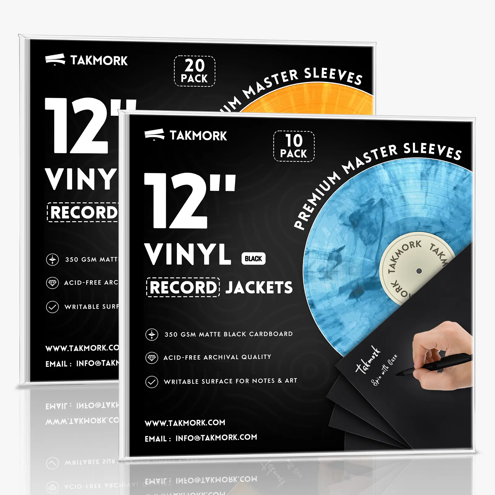 Takmork 12" Pro Blank Album Jackets - 20 Pack, 350gsm Heavyweight Cardboard Sleeves, Black Outer & Inner Sleeve Covers for LP Vinyl Record Collectors, Record Storage & Protection, Outer And Inner Sleeve Covers