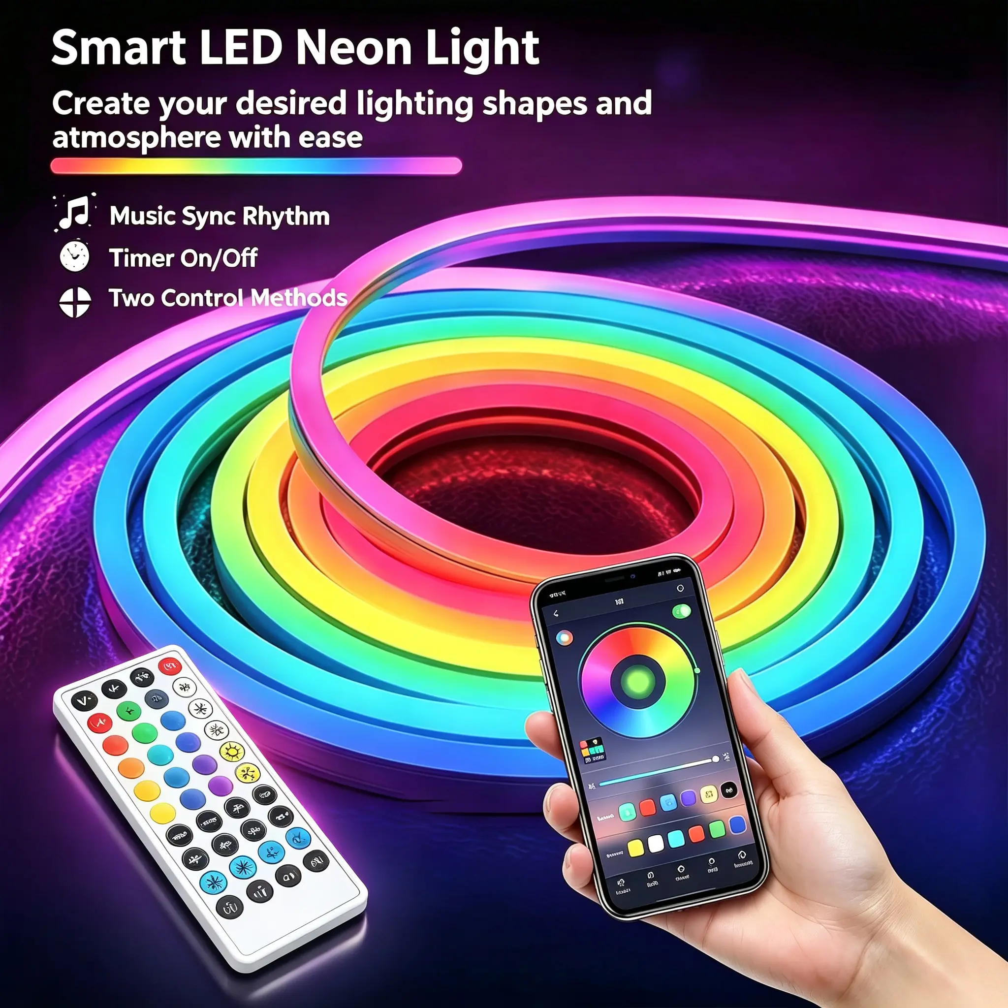 RGB Neon Rope Light, Flexible LED Neon Strip Lights with App & Remote Control, Music Sync Color Changing, IP67 Waterproof Cuttable LED Rope Lights for Bedroom, Gaming Room, Indoor & Outdoor Decor,  Rgb Led Effects Ambient Led Lighting