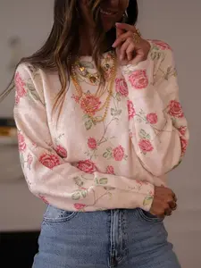 Women's Ditsy Floral Print Round Neck Sweater, Casual Fitted Long Sleeve Rose Pattern Aesthetic Jumper, Women's Fashion Knitwear Top for Fall & Winter, Womenswear