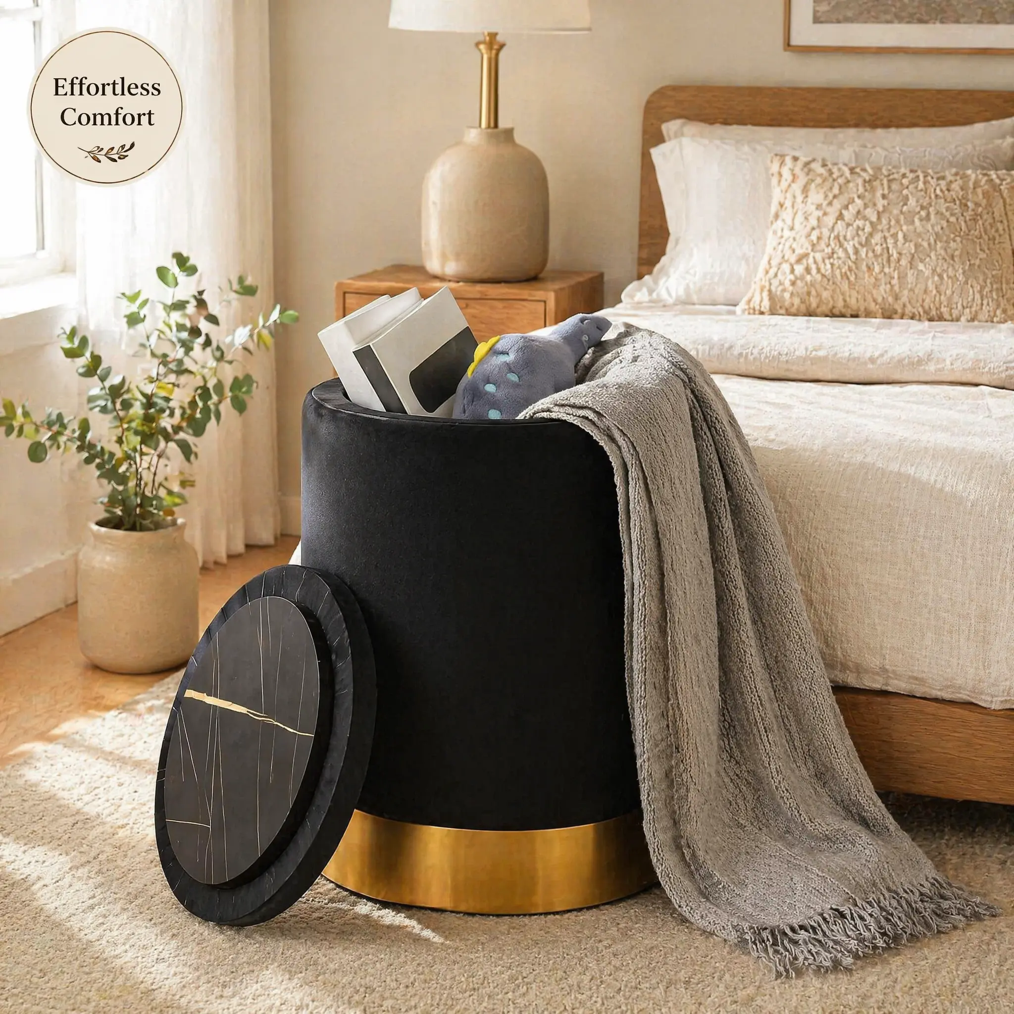 Upholstered Storage Ottoman - Modern Footstool, Multifunctional Stool, Pouf Ottoman Footrest, Soft Padded Footstool with Metal Base, Round Indoor Vanity Chair for Living Room, Bedroom, Pouf Ottoman Foot Rest