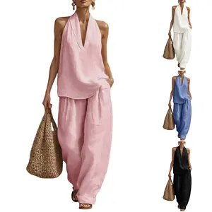 UANEO Womens Summer 2 Piece Sets for Women V Neck Halter Tops and Pants Set Lightweight Two Piece Linen Lounge Sets with Pockets