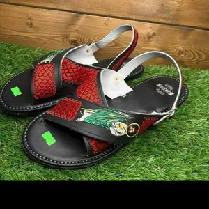 Mexican Crossed Huarache San Judas Embroidered Summer Footwear Red & Black Leather Sandals