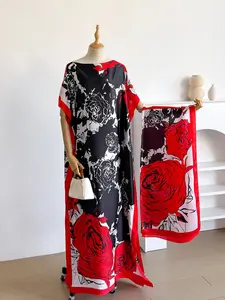 Elegant Floral Print Long Robe Set for Women, Spring Summer Casual Loose Fit, Sun Protection Satin Scarf Included