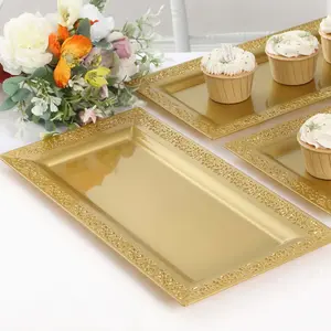 4-Pack Plastic Rectangle Serving Trays 14" Gold with Lace Rim - Durable & Stylish Coffee Table Tray Platters for Desserts Appetizers Snacks