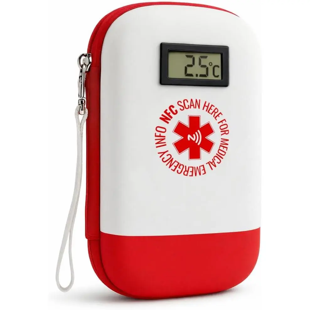 ® 24h Insulin Travel Case with NFC Medical ID – TSA Approved Diabetic Medication Organizer with Temperature Display & 2 * 180g Ice Packs (Celsius) [Version]