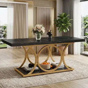 47.24 Inch 2-Tier Faux Marble Coffee Table, Modern Rectangular Living Room Center Table with Golden Geometric Metal Legs, Thickened Waterproof MDF Tabletop with Open Storage Shelf Easy Assembly Home Furniture