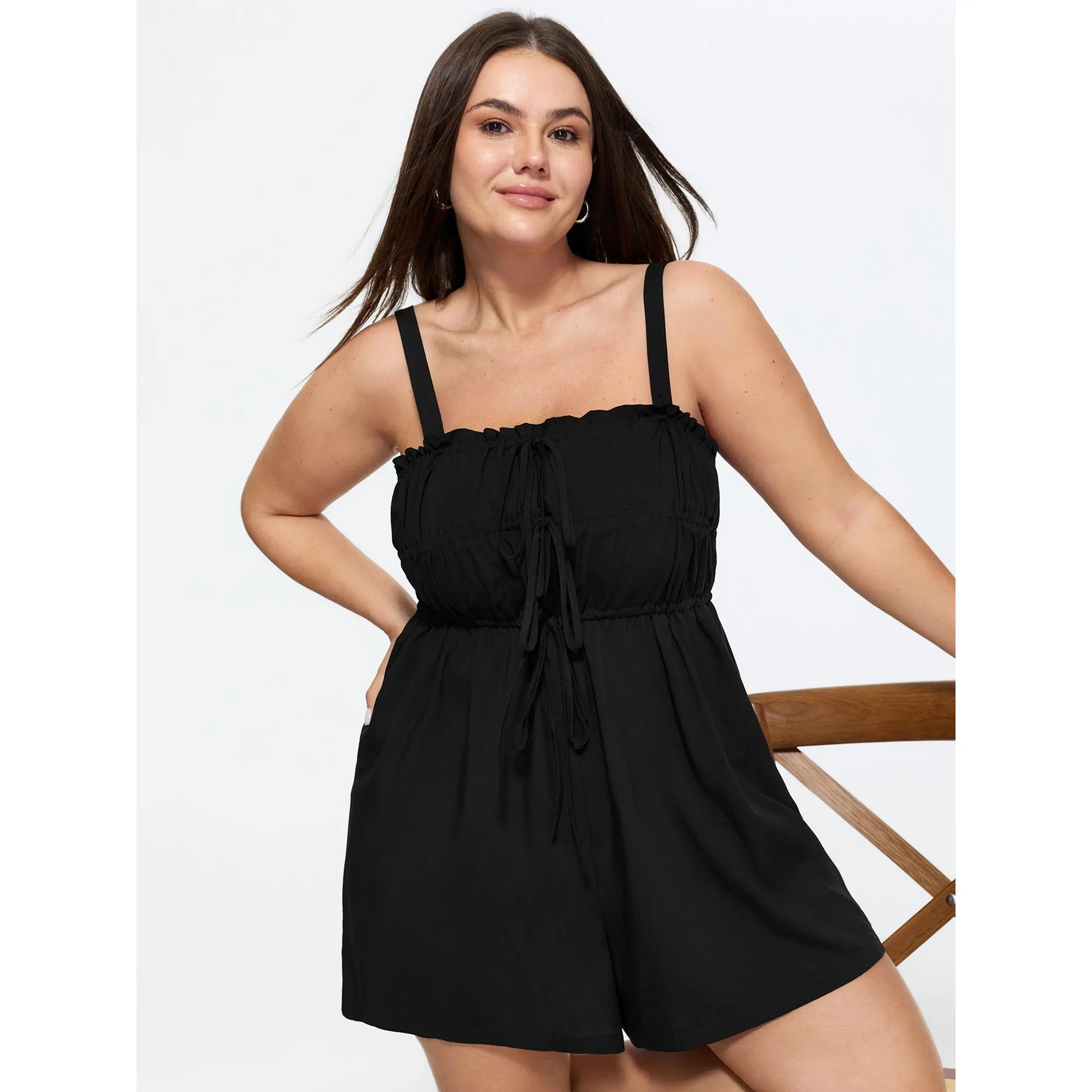 BloomChic Women's Plus Size Black Rayon Romper - Ruffle, Drawstring Bust, Elastic Waist, Pocket Garment Overalls, Sleeveless