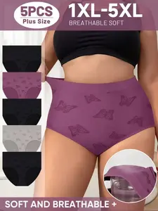 Women's Plus Size Lingerie Set, Soft Breathable Chic Butterfly Triangle Panties, Summer Thin High Elasticity Fit Ladies Briefs, Pack of 5, Womenswear