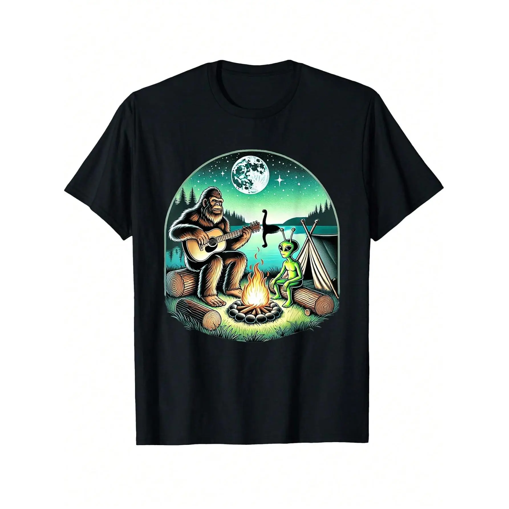 Alien And Big-Foot Loch Ness Campfire Sasquatch Guitar T-Shirt, Unisex Graphic T Shirts, Cotton,tees,bible