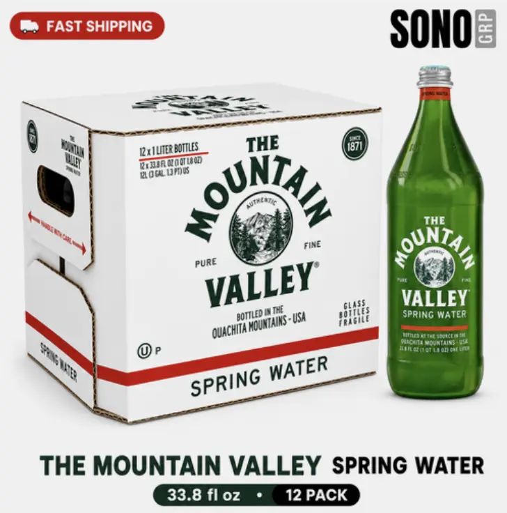 Mountain Valley Water Still Spring Water, 12-Pack Glass Bottles (1L/33.8oz) - Naturally Balanced Minerals for Crisp, Clean Drinking Experience