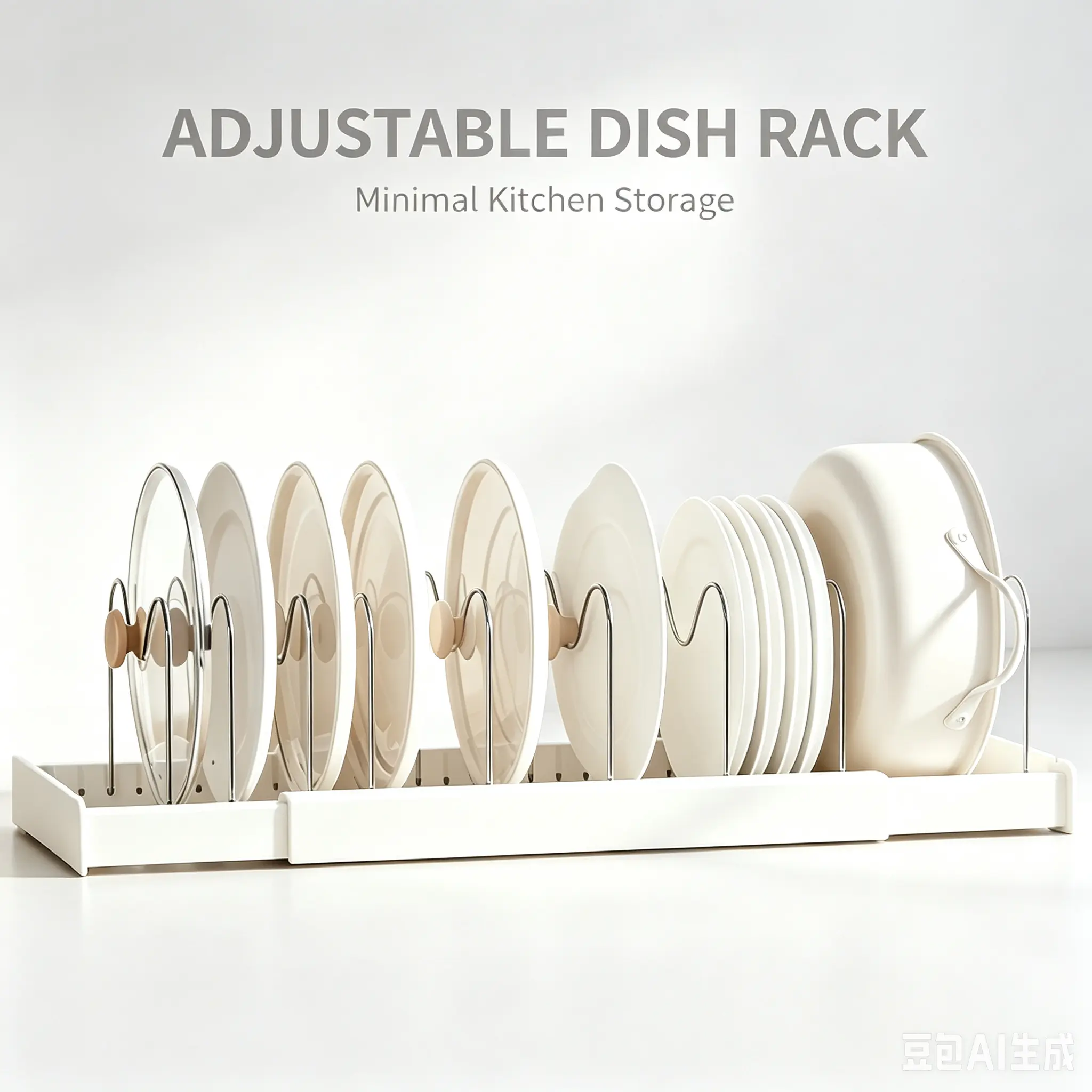 White Adjustable Cookware Organizer Rack - 9 Stainless Steel Movable Dividers, Detachable Compartment, 22in Under Cabinet & Countertop Minimalist Storage, Kitchen Space Saver, Chicken Shredder