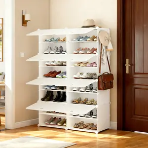 Shoe Rack Organizer with Door, 32 Pairs Shoe Storage Cabinet Easy Assembly, Plastic Adjustable Shoe Organizer Stackable Detachable Free Standing Shoe Rack DIY Expandable 8 Tier Black