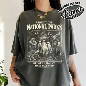 Comfort Colors Protect Our National Parks T-Shirt, Cryptid Tee, Bigfoot Mothman Ghost Wendigo Skull