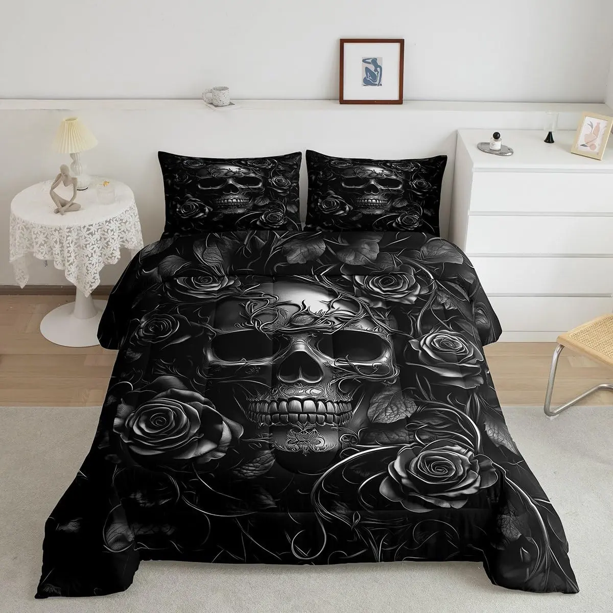 Feelyou Gothic Queen Comforter Set - Retro Vintage Victorian Gray Rose Floral, Spooky Grunge Skull Skeleton Design, Soft Durable Breathable Duvets & Sets, Machine Washable Bedding for Teens, Bedroom Decor, Multi-Size, Set Includes