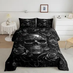 Feelyou Gothic Bedspread Set - Queen Comforter Set, Vintage Victorian Romantic Gray Rose Floral Quilt, Spooky Grunge Skull Skeleton Bedding for Teens