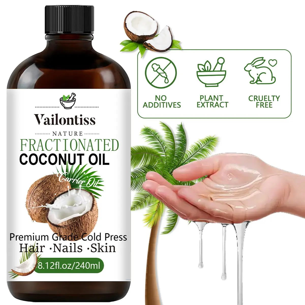 Natural Coconut Oil Gentle Makeup Remover Base Oil, Suitable for Hair Skin Face Body, Moisturizing Multi-Functional Care, 8.12 Fl.oz