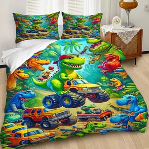 2/3pcs Dinosaur Off-Road Children'S Fun Printed Printed Duvet Cover Set,Live Q-Version Dinosaur Off-Road Truck Tropical Rain forest Scene Bedding Set, Made Soft Ultra-Fine Fiber Material,Comfortable Warm,Includes 1 or 2 Pillowcases No Zipper Closure