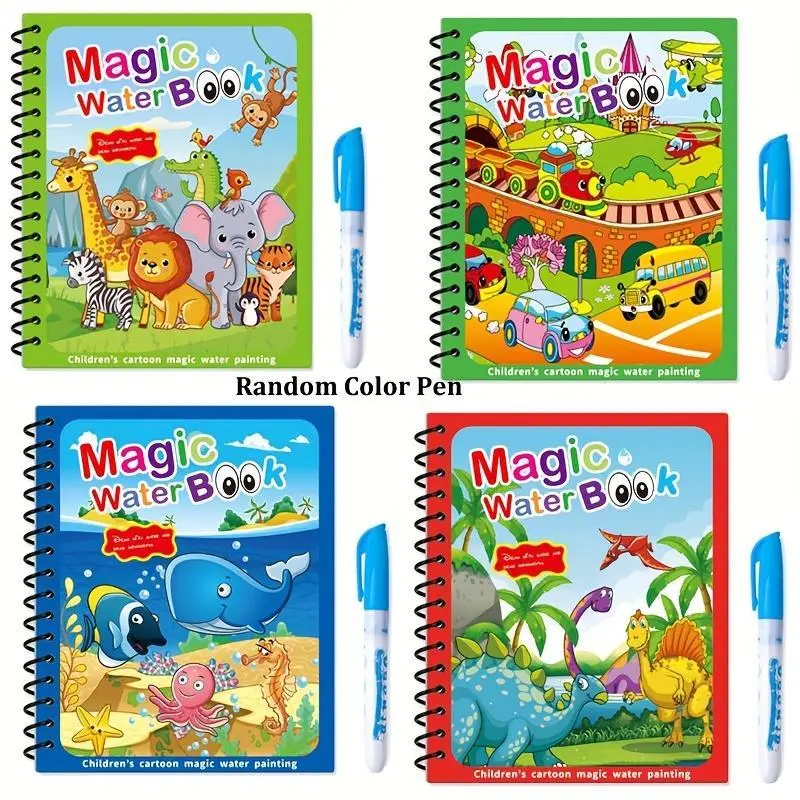 4 Pcs Reusable Water Coloring Doodle Book - Magic Water Drawing Book, Water Painting Book Toys, Educational Learning Toy, Includes Colorful Pens (Random Color)