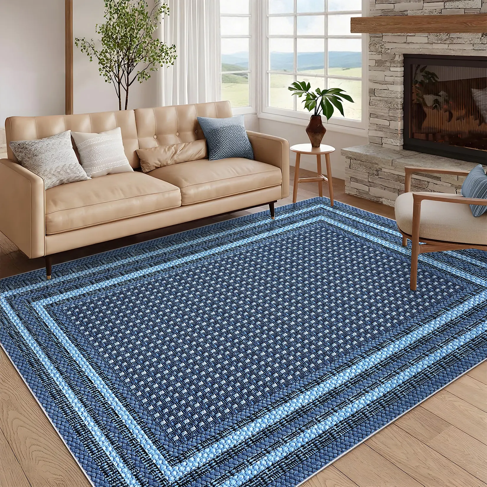Gray Blue Washable Foldable Printed Carpet - Modern Linen Flat-Weave Home Decor Rug, Living Room Decor Folding Mat, All-Room Use with Easy Area Rug Cleaning, Folding Mat Area Rugs, Linen Flat-Weave Area Rugs
