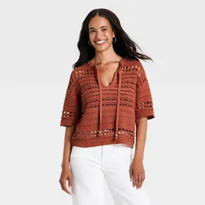 Women's Short Sleeve Keyhole Neck Pullover Sweater - Universal Thread Orange S