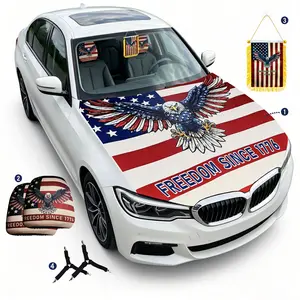 4-In-1 American Flag Car Hood Cover & Interior Decor Set with Eagle Graphics - Patriotic Vehicle Decoration Kit for 4th of July, Memorial Day, Independence Day - Fits SUV, Sedan, Truck - Includes Hood Flag, Headrest Covers & Mini Banner