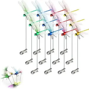 sntxmy 12-Count Weatherproof Metal Clip Outdoor Fake Dragonfly Rods, 3D Creative Decor Fly Deterrent, Indoor-Outdoor Garden Accessories (Random Color Matching)