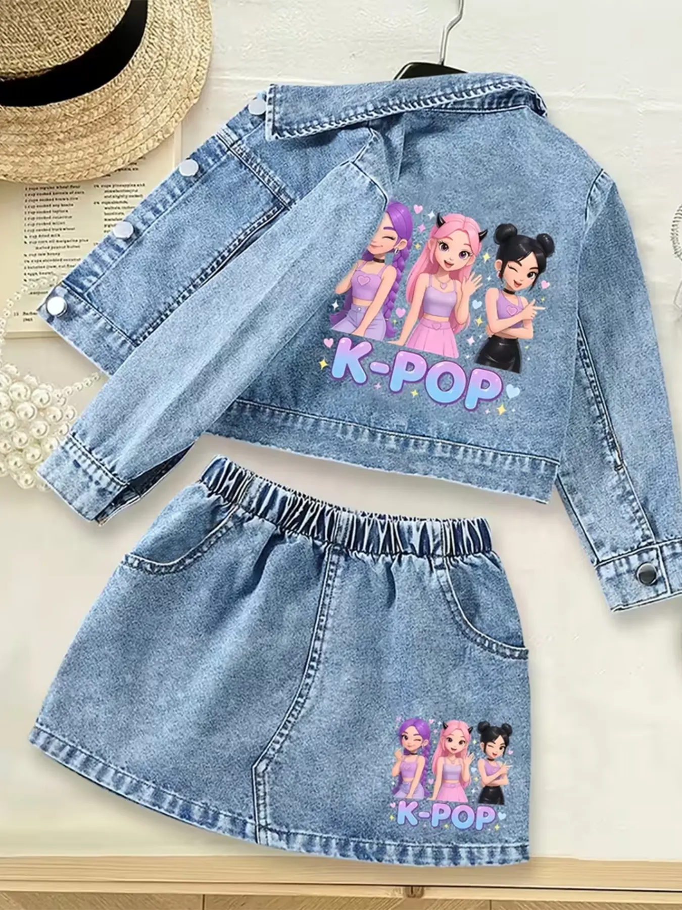 Girls' Casual Cartoon Denim Skirts Sets, Loose Jacket & Elastic Waist Skirt for Spring Summer Fall, Comfortable Clothing Set, Fine Girls Outfit, Fashion Clothes, Fashion Style Sets, Ideal Gift