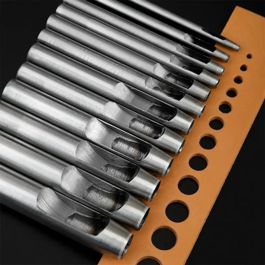 Round Hand Tooled Leather Punch Tool Set, 10pcs Carbon Steel Leather Craft Punch Tool Set, Suitable for Watch Band, Belt and Paper, DIY Leathercraft Tool Set, Leather Tools