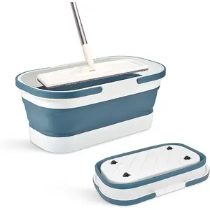 Collapsible Plastic Bucket with Wheels 12L (3.17 Gallon) for House Cleaning, Camping, and RV - Multi-Purpose Rectangular Handy Basket for Cleaning Mop - Lightweight and Portable (Blue)