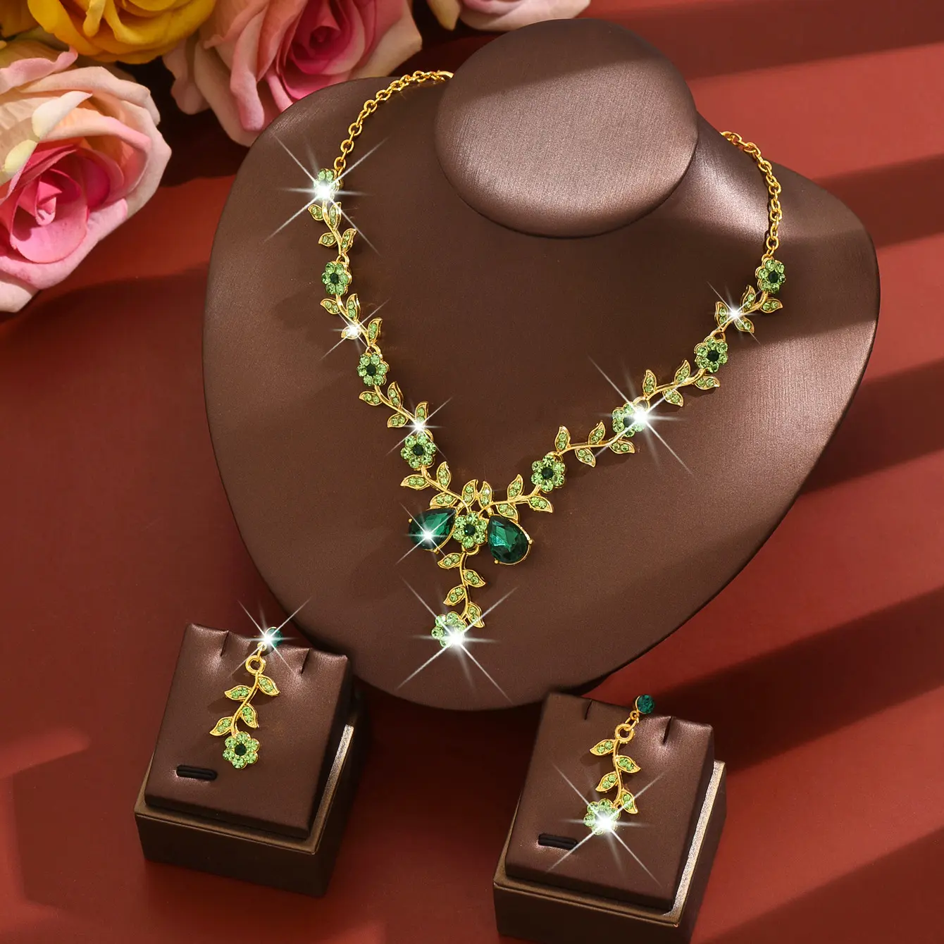 Eco-Friendly Electroplated French Court-Style Green Fresh Flower Water Drop Jewelry Set - 2-Piece Casual, Flower, Fashion, Coordinated, Enchanted Costume Jewelry for Bridal Engagement Events, Casual Jewelry Sets, Flower Jewelry Sets
