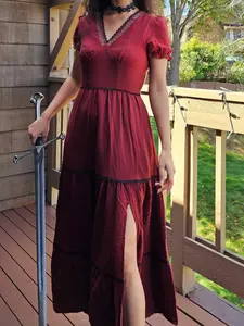 Women's 100% Cotton Cottagecore Fairy-Themed Folklore Casual Dress - Reddish Brown, Embroidered V-Neck, Puff Sleeves, Flowy Tiered Skirt, Breathable Lightweight Fabric, Zipper, Lace Accents, Side Slit, Pockets, Festival Ready, Everyday Wear, Shortsleeve