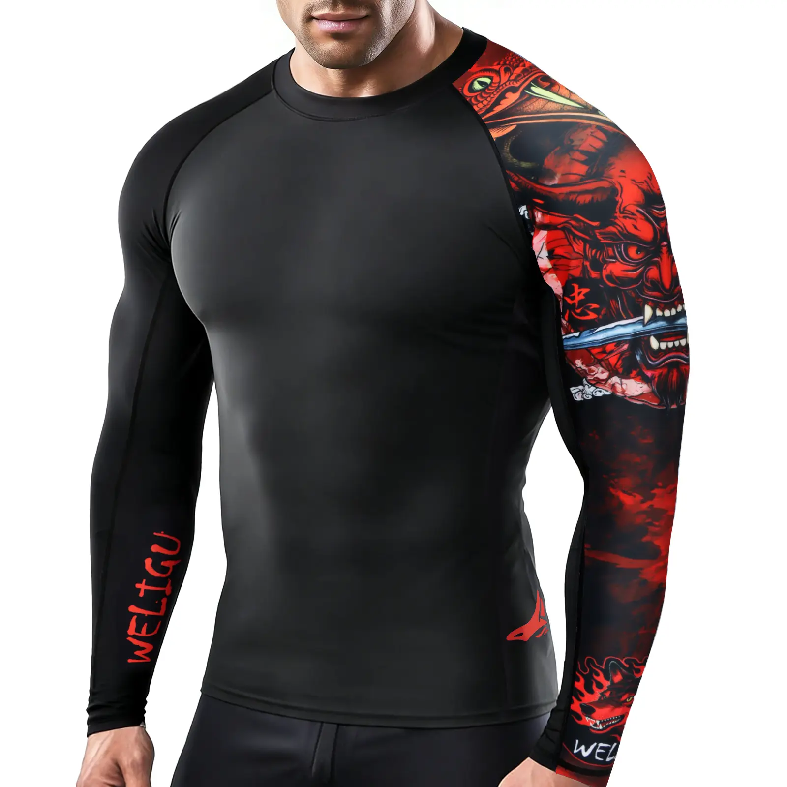 Men's Rashguard, Raglan Long Sleeve Compression Top with Japanese Dragon Print, UPF 50+ Quick-Dry Breathable Fabric for BJJ, MMA & Surfing, M