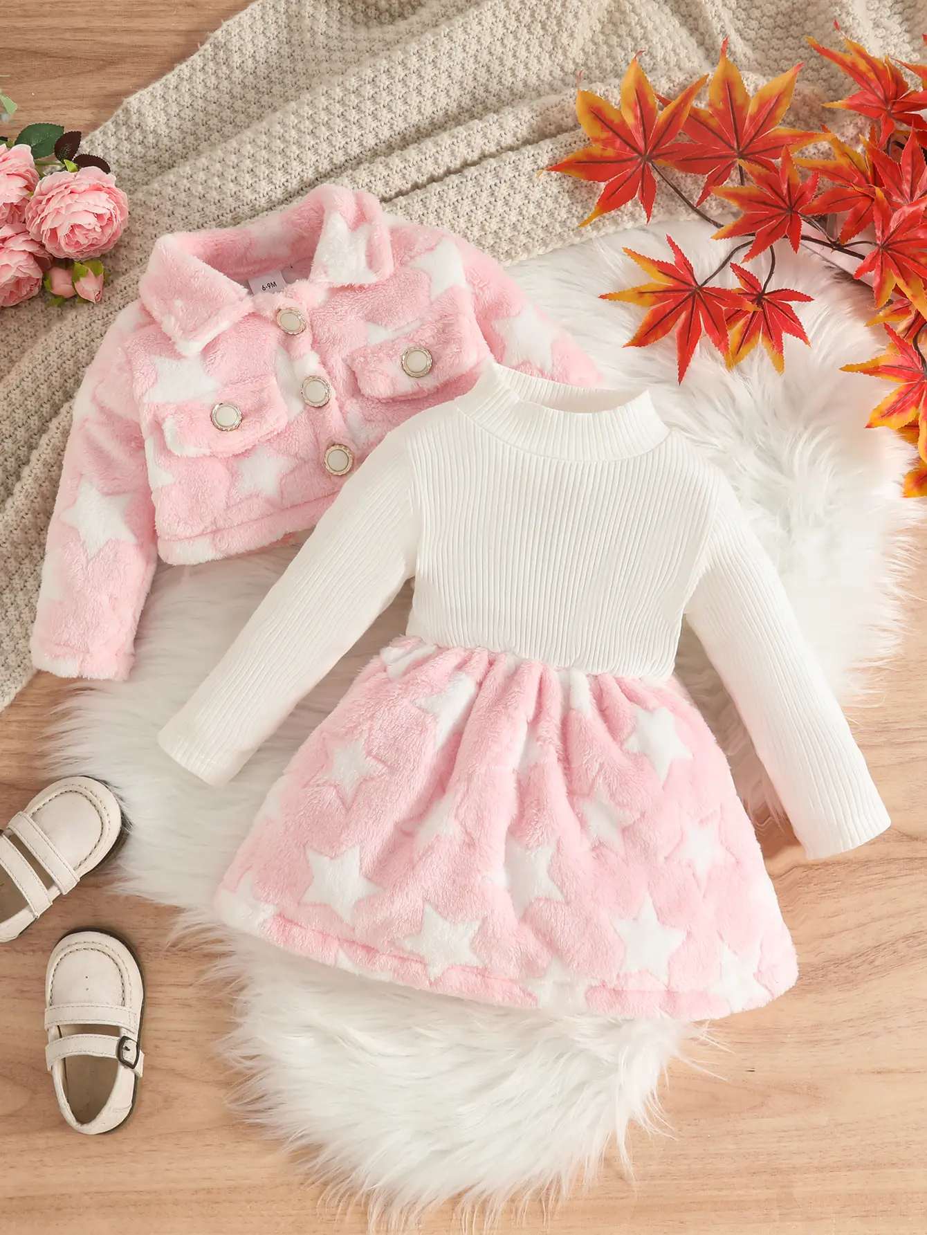 Baby Girl Star Fleece Cropped Jacket & Knit Dress 2 Piece Fall Winter Set Toddler Outfit