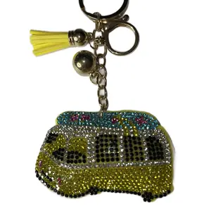 Yellow Stone Bus-Van Bag Pendant Keychain, Bling Bling Keychain with Rhinestone Accents and Tassel Detail, Fashion Accessory for Bags or Keys, Bling Bling Keychains