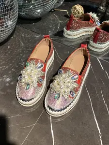 Women's Shiny Casual Fashion Shoes, Rhinestone Floral Embellished Slip-On One-Click Shoes, Available in Large Sizes, Comfortable and Stylish