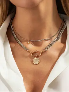 Silver Color Layered Necklace, Large Buckle Devil Eye Pendant, Necklace Layering Clasp, Sweet Cool Street Style Neck Chain for Women, Charm Necklaces, Fashion Necklace, Punk Style Necklace