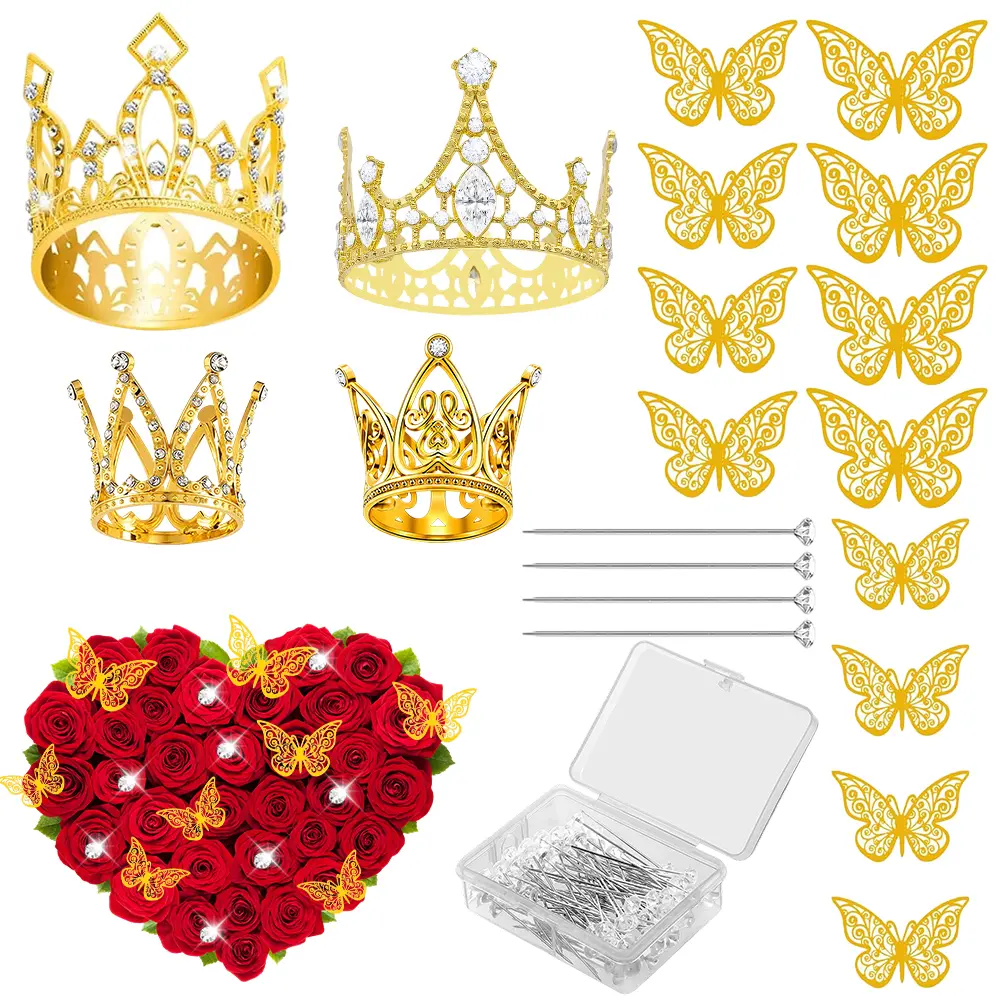 Gold Crowns for Flower Bouquets, Flower Bouquet Accessories Including 4 Pcs Bouquet Crown, 12 Pcs Butterfly Decorations and 50 Pcs Flower Pins for Birthday Wedding Baby Shower