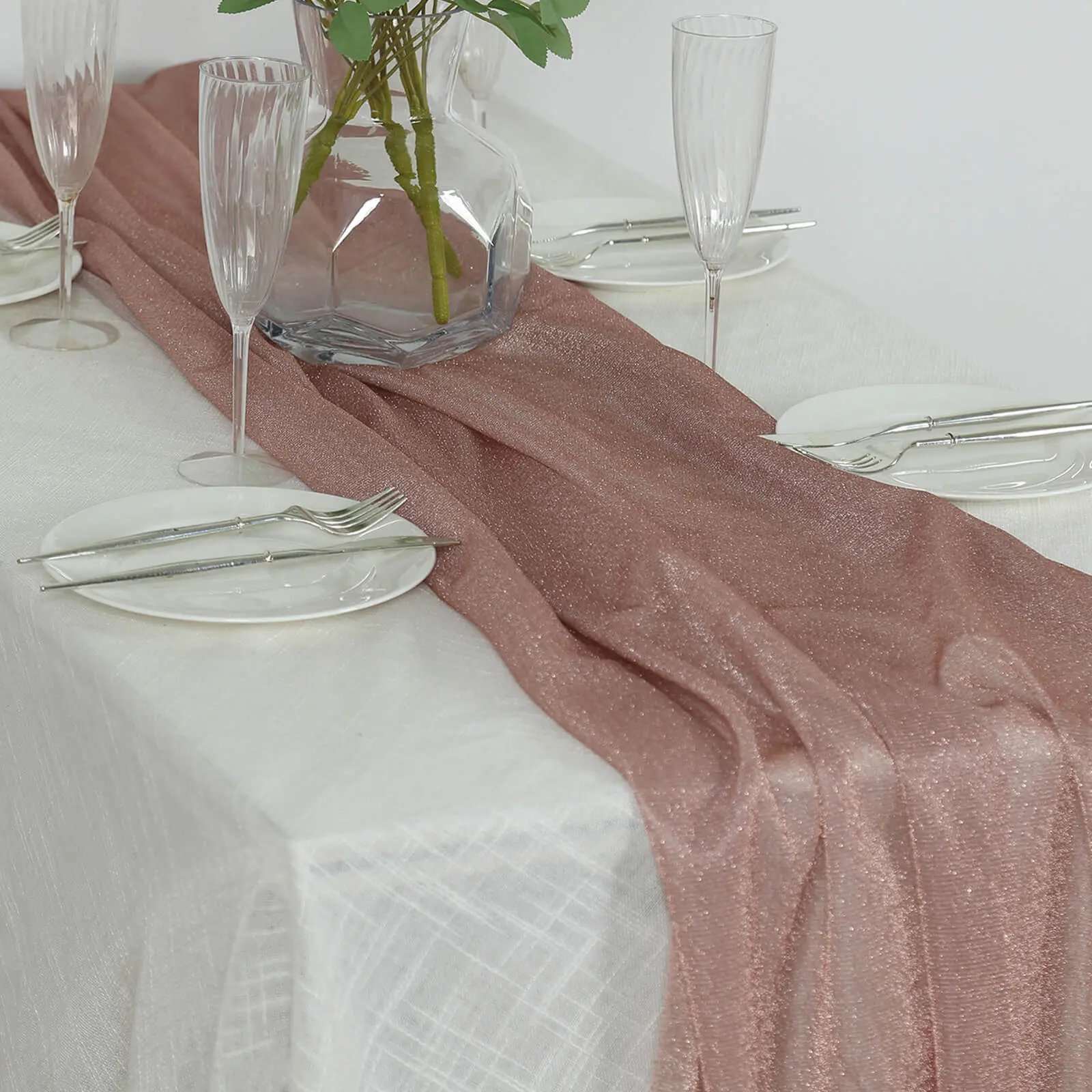 Rose Gold Sparkling Glitter Finish Gauze Table Runner, 27"x120" Reusable Linen Sheer Kitchen Textile for Weddings, Baby Shower Events, Anniversary Dinner