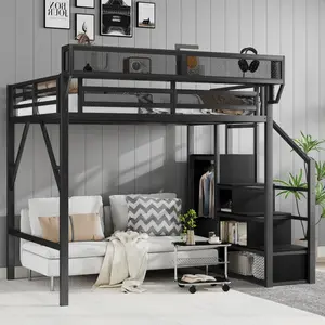 Full Size Metal Loft Bed Frame with Stairs, Storage, Bedside Shelf, Large Under-Bed Space and Heavy-Duty Metal Build, Black