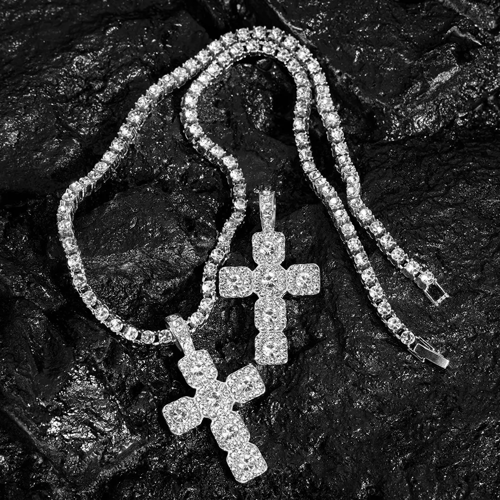 Iced Out Cross Pendant Necklace for Men - 4mm Long Metal Coating Tennis Chain, 15.5g Full Diamond Charm, Hip Hop Streetwear Jewelry for Boyfriend Birthday Anniversary Gift, 4Mm Tennis Chain, 2.8Cm Width, 20Inch, Unisex, Chains, Cross Necklaces